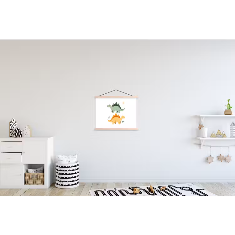 Sterren - Stegosaurussen - Blaadjes - Groen textielposter latten blank klein -kinderkamer