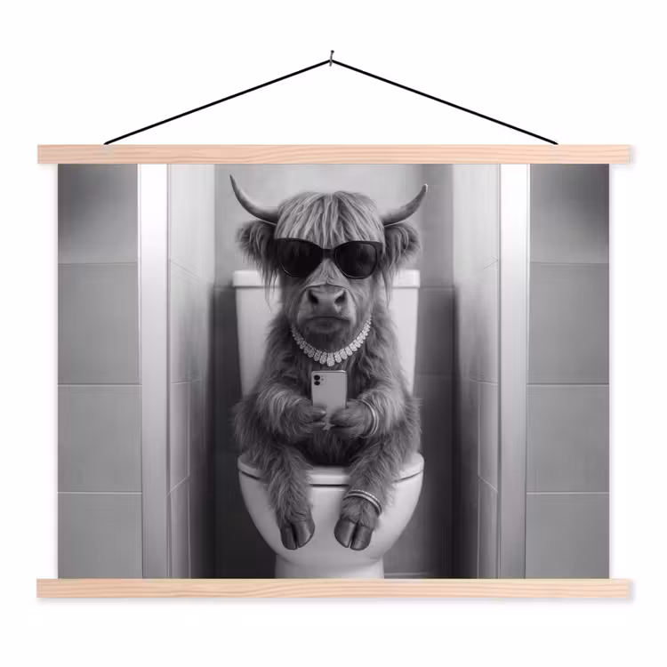 Stier - Telefoon - Toilet - Zwart - Wit textielposter latten blank klein -3d