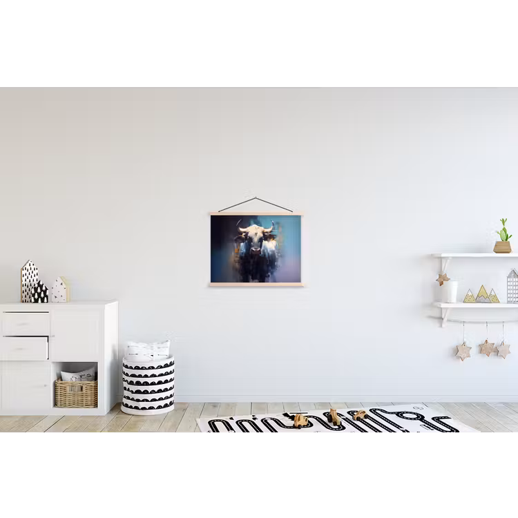 Stier - Zwart - Abstract - Horens textielposter latten blank klein -kinderkamer