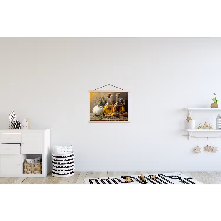 Stilleven - Olijfolie - Knoflook - Kruiden textielposter latten blank klein -kinderkamer