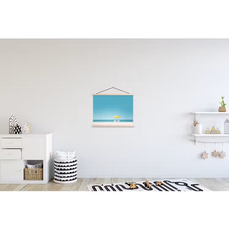 Strand - Blauwe lucht - Geel - Parasol textielposter latten blank klein -kinderkamer