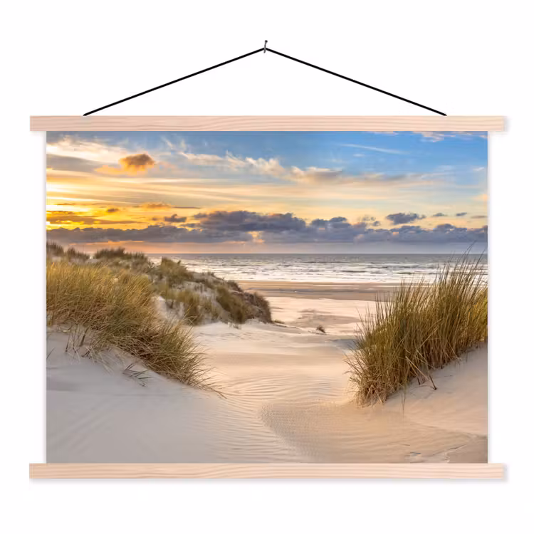 Strand - Duin - Gras - Zonsondergang - Zee textielposter latten blank klein -3d