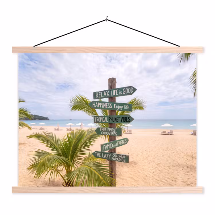 Strand - Wegwijzer - Palmen - Tropisch - Groen textielposter latten blank klein -3d