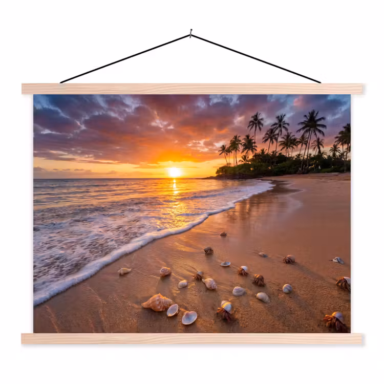 Strand - Zonsondergang - Palmbomen - Natuur - Oranje textielposter latten blank klein -3d