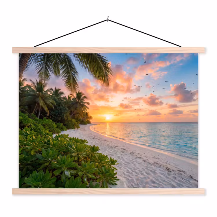 Strand - Zonsondergang - Palmbomen - Tropisch - Natuur textielposter latten blank klein -3d