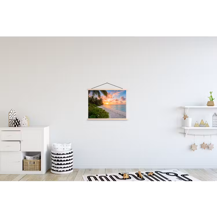 Strand - Zonsondergang - Palmbomen - Tropisch - Natuur textielposter latten blank klein -kinderkamer