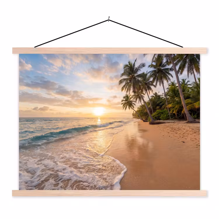 Strand - Zonsondergang - Tropisch - Natuur - Goud textielposter latten blank klein -3d