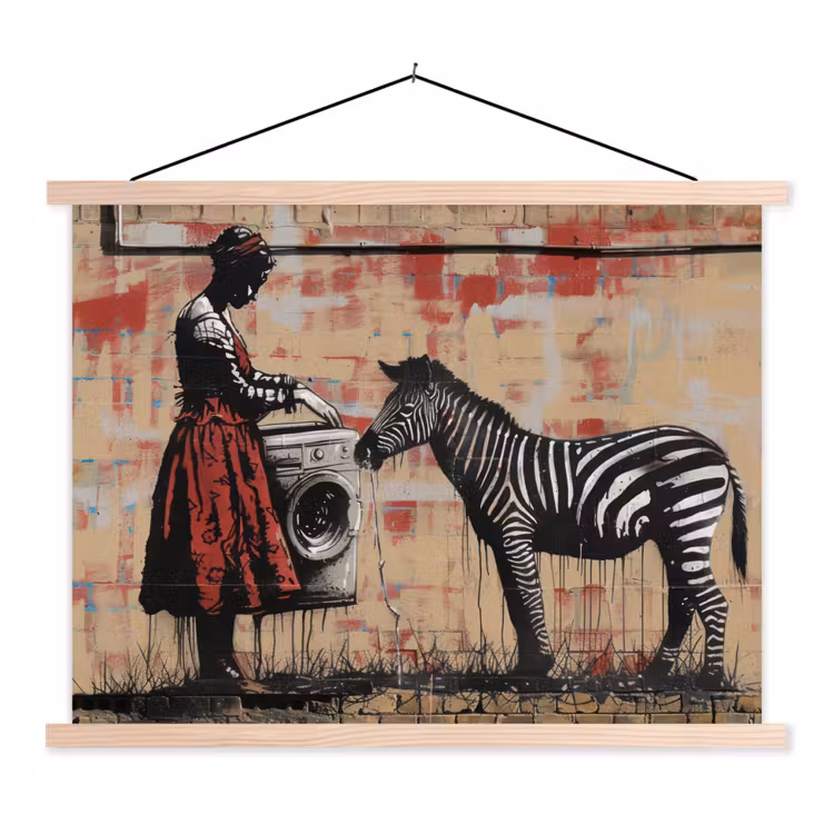 Street art - Zebra - Vrouw - Dieren - Graffiti - Banksy textielposter latten blank klein -3d