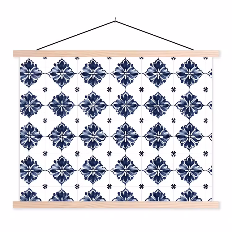 Tegelmotief - Blauw - Wit - Bloem textielposter latten blank klein 122 -3d