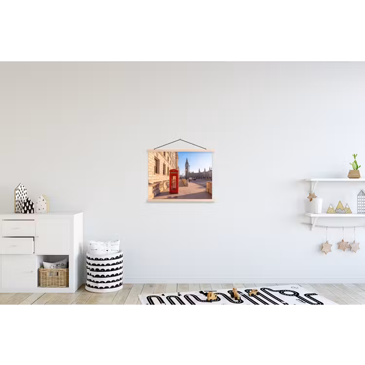 Telefooncel - Rood - Londen - Stad - Architectuur textielposter latten blank klein -kinderkamer