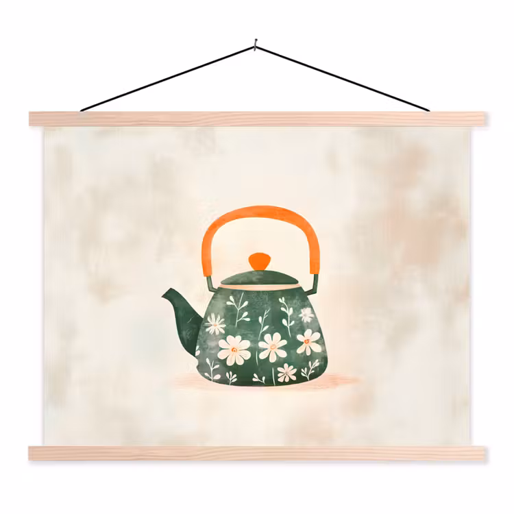 Theepot - Groen - Bloemen - Oranje textielposter latten blank klein -3d
