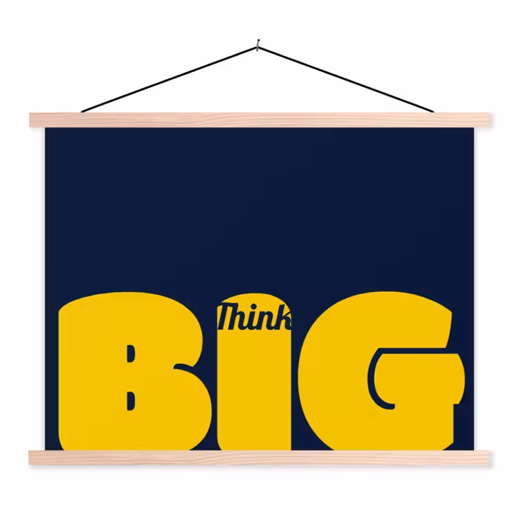 Think big - Blauw - Geel textielposter latten blank klein -3d