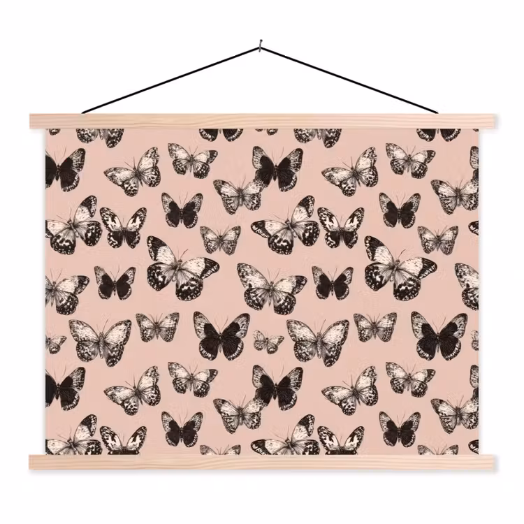 Tijdloos - Vlinders - Perzik textielposter latten blank klein 122 -3d