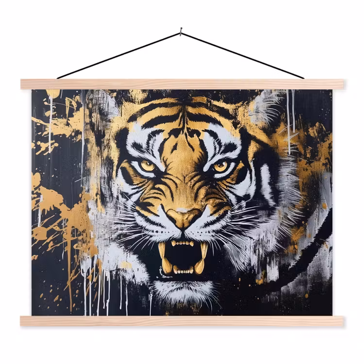 Tijger - Verfspatten - Goud textielposter latten blank klein -3d
