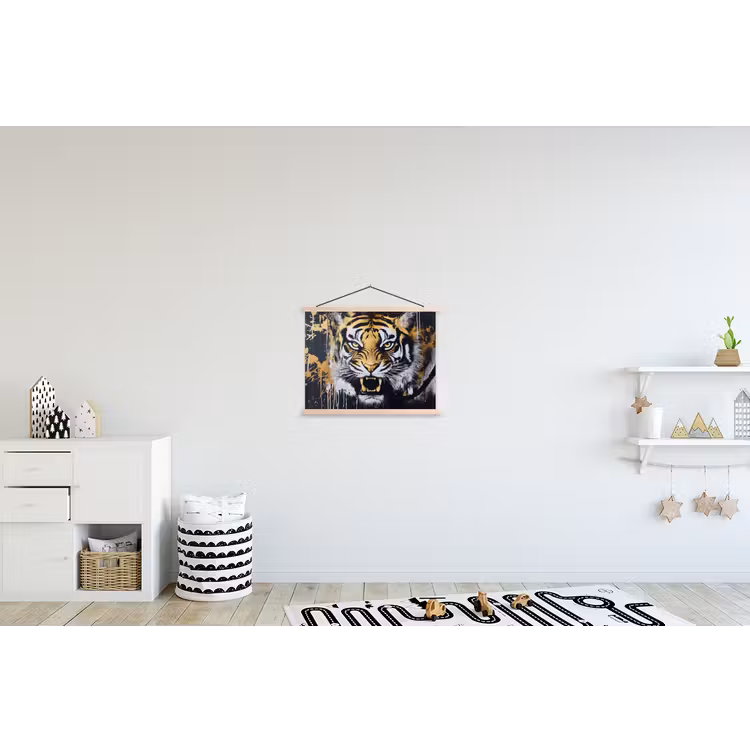 Tijger - Verfspatten - Goud textielposter latten blank klein -kinderkamer
