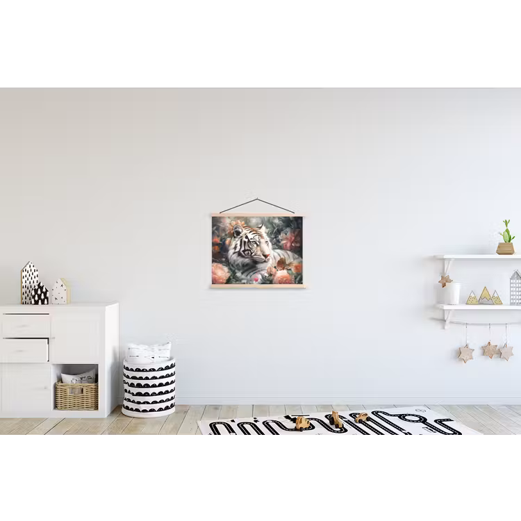 Tijger - Wilde dieren - Bloemen - Jungle textielposter latten blank klein -kinderkamer