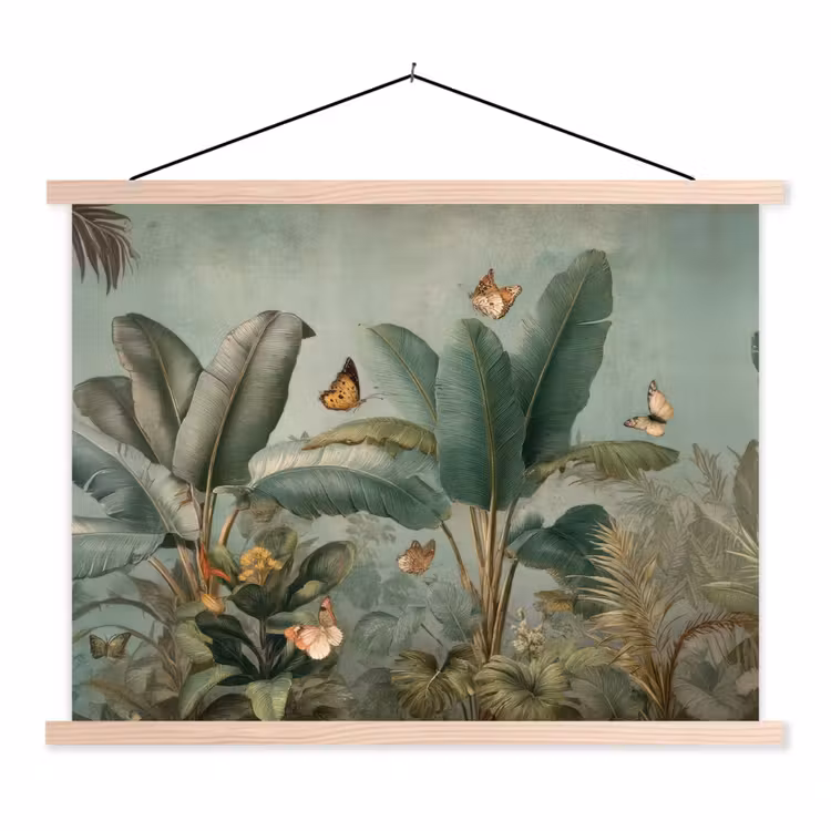 Tropisch bladerdek - Vlinders - groen - Bruin textielposter latten blank klein -3d