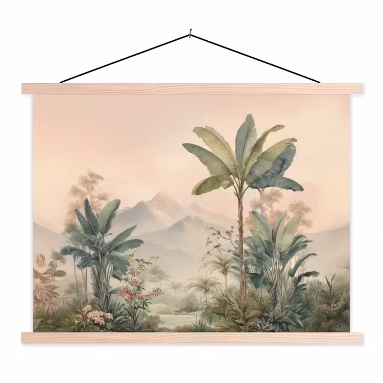 Tropisch landschap - palmbomen - Bloemen - Roze lucht textielposter latten blank klein -3d