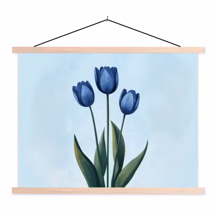 Tulpen - Blauw - Bladeren textielposter latten blank klein -3d