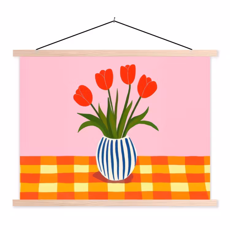 Tulpen - Roze - Vaas textielposter latten blank klein -3d