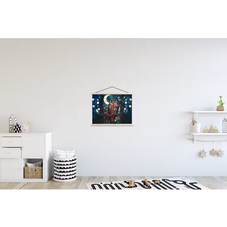 Uil - Mozaïek - Maan - Nacht textielposter latten blank klein -kinderkamer