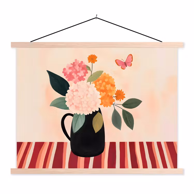 Vaas - Bloemen - Vlinder - Rood textielposter latten blank klein -3d