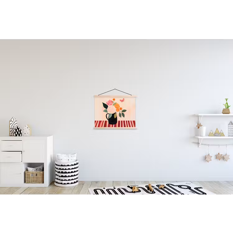 Vaas - Bloemen - Vlinder - Rood textielposter latten blank klein -kinderkamer