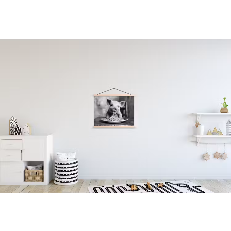 Varken - Schattig - Spaghetti - Zwart wit - Dier textielposter latten blank klein -kinderkamer