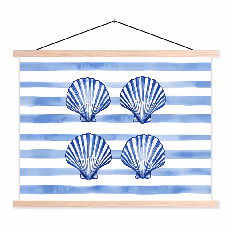 Vier schelpen - Blauw - Wit - Strepen textielposter latten blank klein -3d