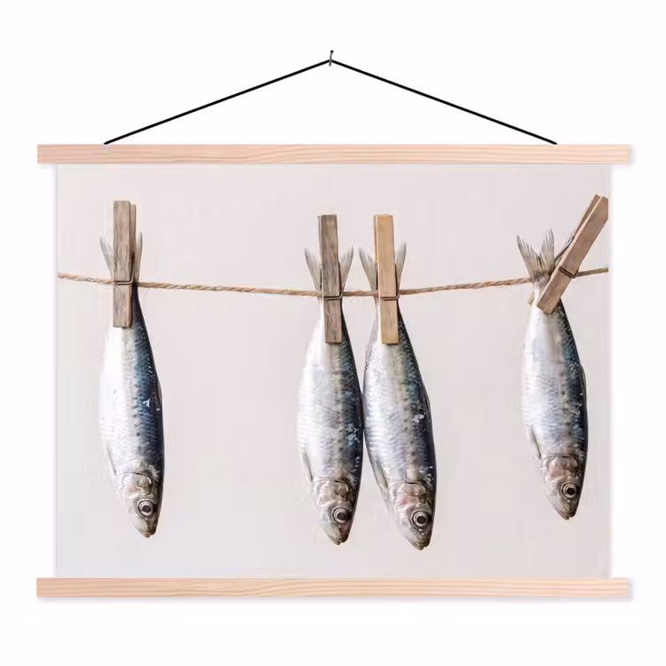 Schoolplaat - Vis - Hangend - Eten - Vis - Hangend - Eten textielposter latten blank klein