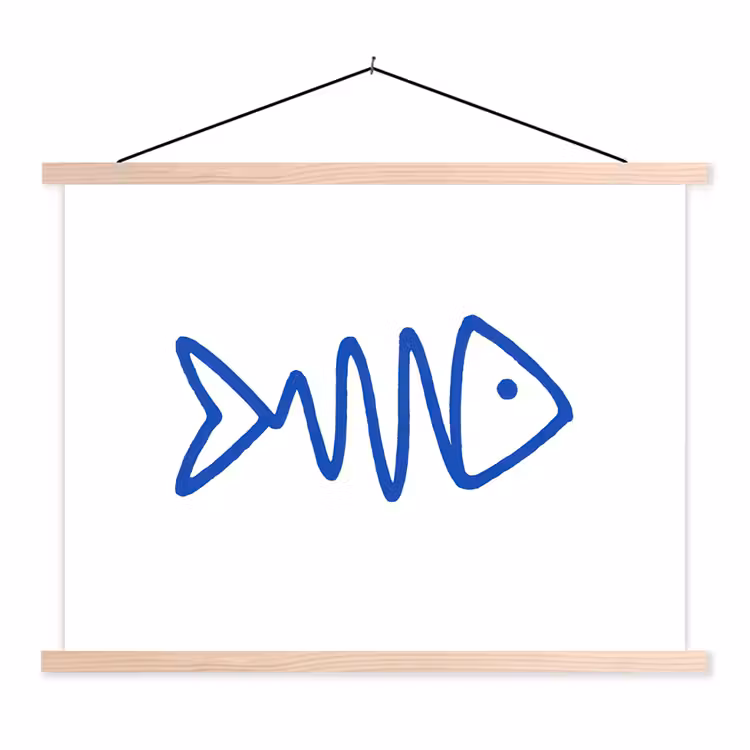 Vis - Minimalistisch - Blauw - Lijn textielposter latten blank klein -3d