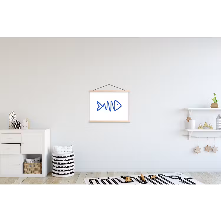 Vis - Minimalistisch - Blauw - Lijn textielposter latten blank klein -kinderkamer