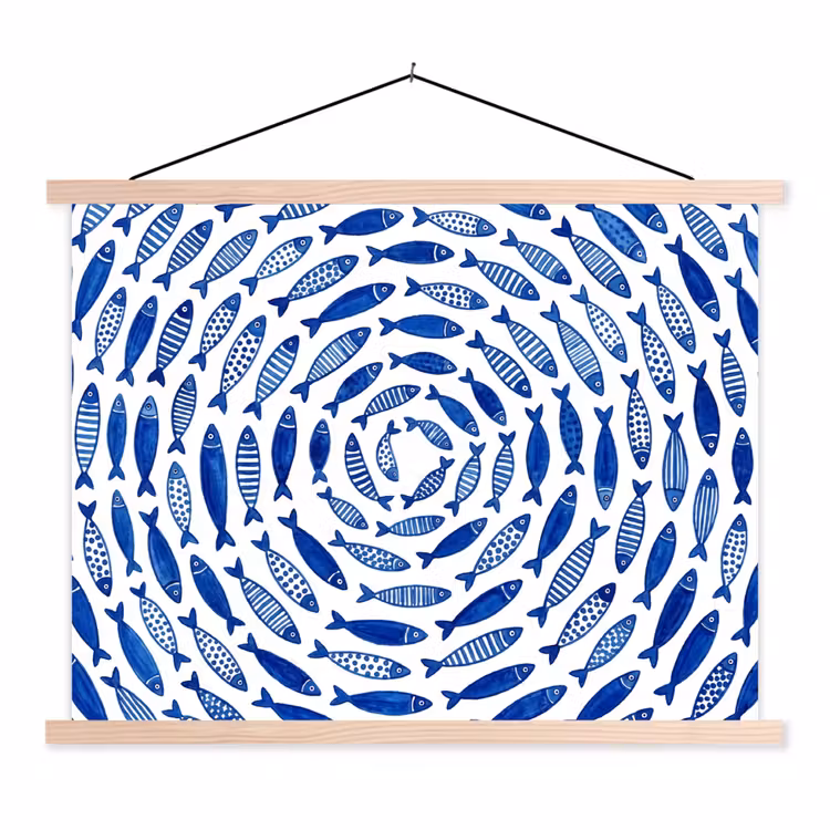 Vis - Patroon - Onderwater - Abstract - Blauw textielposter latten blank klein -3d