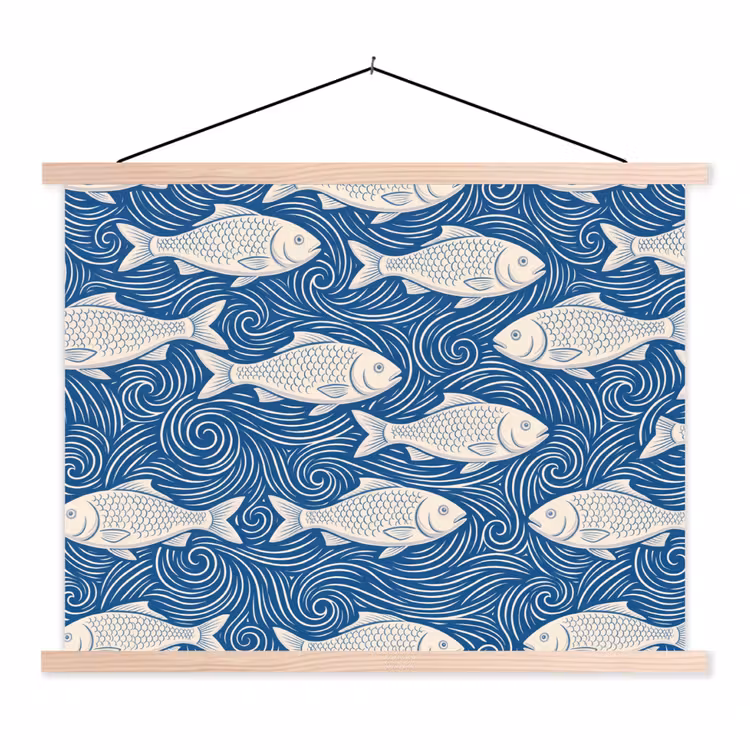 Vis - Water - Patroon - Grafisch - Blauw textielposter latten blank klein -3d
