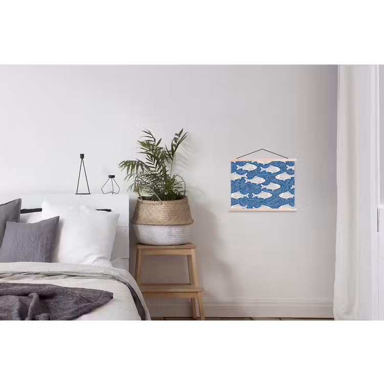 Vis - Water - Patroon - Grafisch - Blauw textielposter latten blank klein -woonkamer