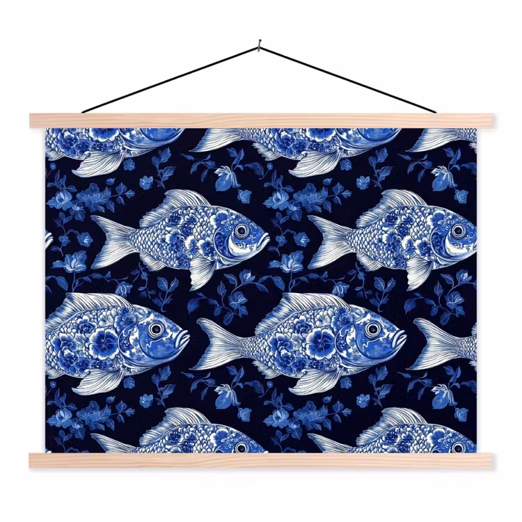 Vissen - Bloemen - Blauw textielposter latten blank klein 122 -3d