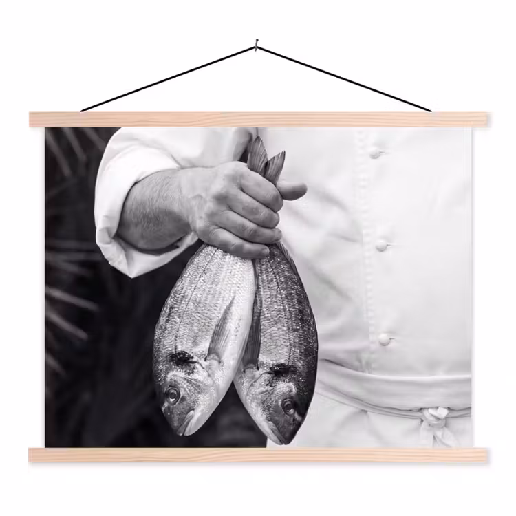 Vissen - Chef - Zwart - Wit textielposter latten blank klein -3d
