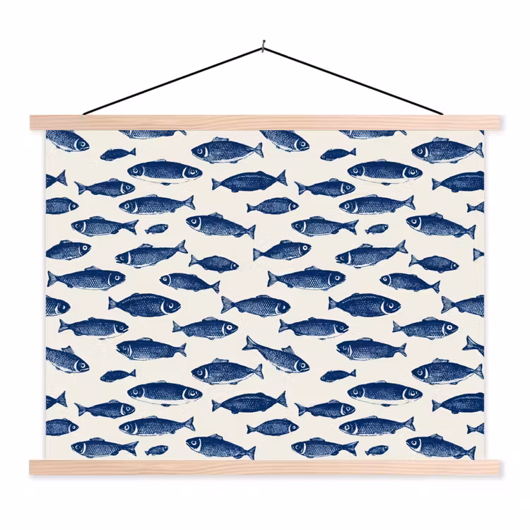 Vissen - Patroon - Blauw - Wit textielposter latten blank klein 122 -3d