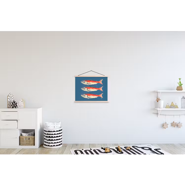Vissen - Rood - Blauw textielposter latten blank klein -kinderkamer