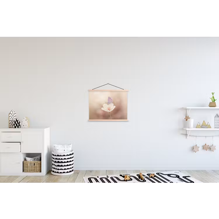 Vlinder - Bloem - Blauw textielposter latten blank klein -kinderkamer