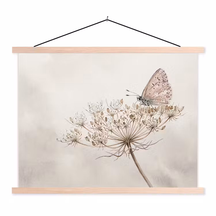Vlinder - Bloem -Natuur - Beige textielposter latten blank klein -3d