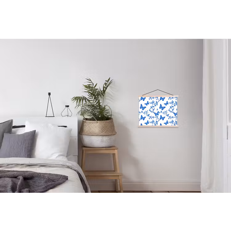Vlinder - Bloemen - Blauw textielposter latten blank klein 122 -woonkamer