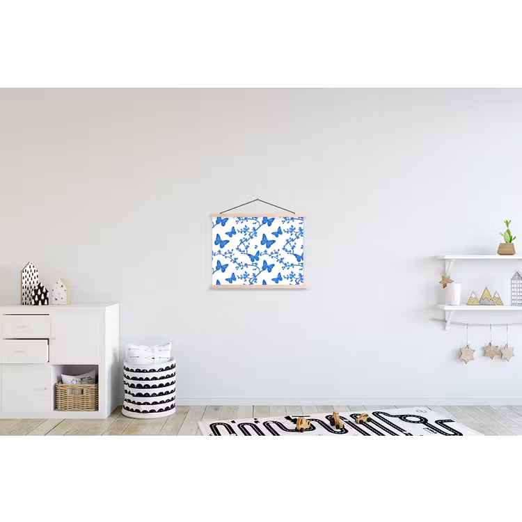 Vlinder - Bloemen - Blauw textielposter latten blank klein 122 -kinderkamer