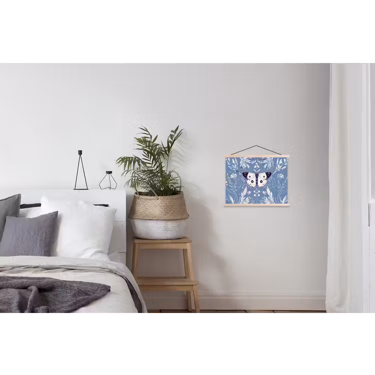 Vlinder - Bloemtakken - Lichtblauw textielposter latten blank klein -woonkamer
