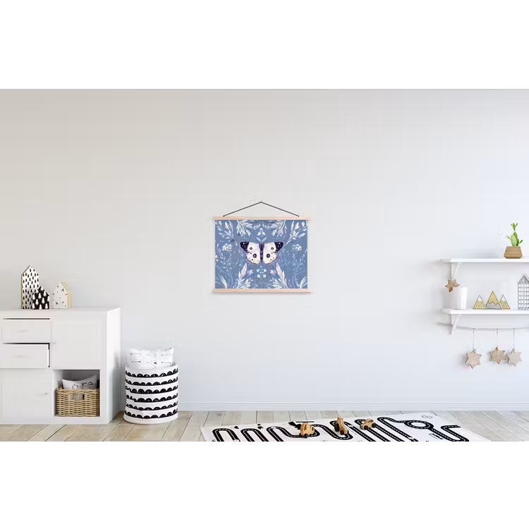 Vlinder - Bloemtakken - Lichtblauw textielposter latten blank klein -kinderkamer