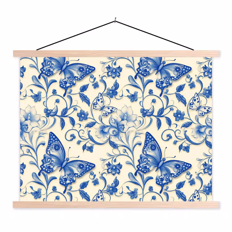 Vlinders - Bloemen - Blauw - Botanisch textielposter latten blank klein 122 -3d