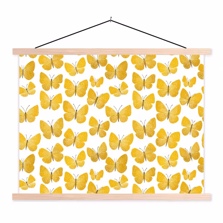 Vlinders - Botanisch - Illustratie - Geel - Wit textielposter latten blank klein 122 -3d