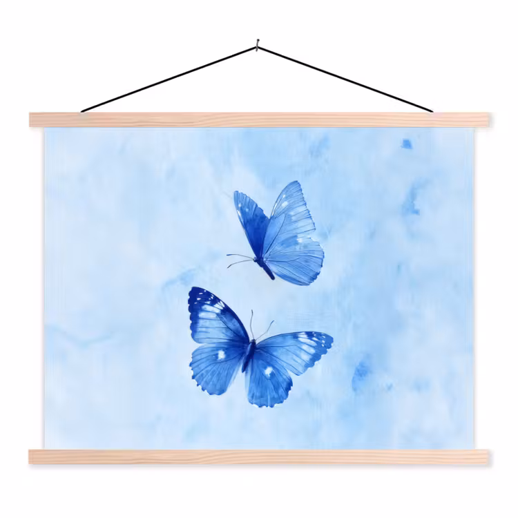Vlinders - Sierlijk - Blauw textielposter latten blank klein -3d
