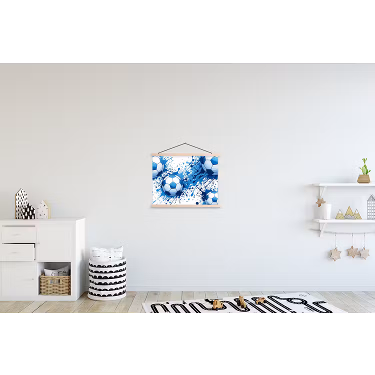 Voetballen - Verf - Sport - Blauw textielposter latten blank klein -kinderkamer