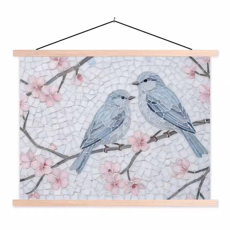 Vogel - Bloemen - Natuur - Mozaïek - Roze textielposter latten blank klein -3d